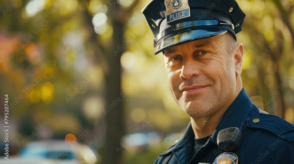 The police officer looks into the camera and smiles in a friendly way ...
