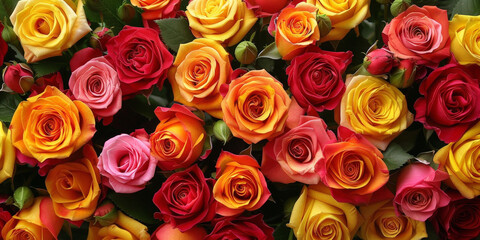 Wall Mural - close up red yellow pink roses background, colorful roses