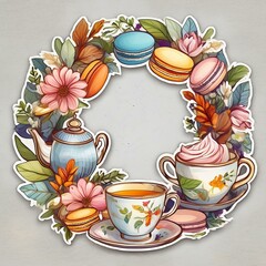 Wall Mural - Circular Floral Wreath Stickers inspired by garden tea parties