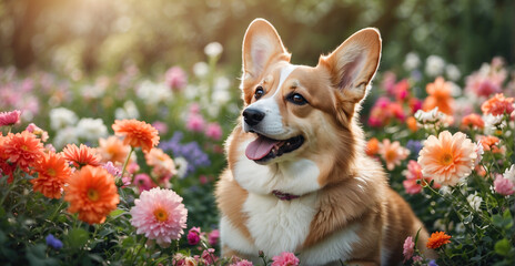 Wall Mural - Happy domestic corgi dog in a blooming garden of a country house