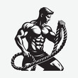 A Fit man working out with ropes black black & white vector. silhouette man rope jumping.