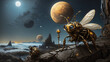  a steampunk bee on a rocky moon with a large moon in the background and stars in the distance. There are also two small UFOs in the distance.