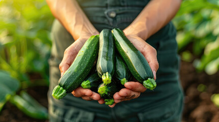 A farmer holds ripe zucchini in his hands against the backdrop of a vegetable garden with space for text.