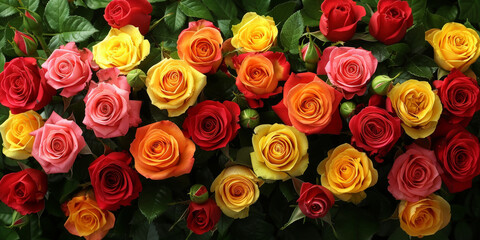 Wall Mural - close up red yellow pink roses background, colorful roses