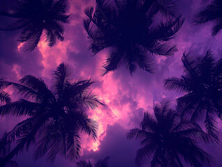 Wall Mural - A purple sky with palm trees in the background