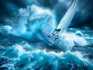 Sticker - A white sailboat is being tossed around in a rough sea