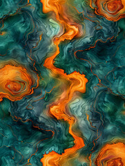 Wall Mural - A painting of a blue and orange swirl with a green background