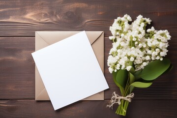 A blank greeting card with a natural envelope, adorned with fresh white baby's breath flowers on a wooden surface. Elegant Greeting Card with White Flowers