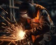 Closeup of a steelworker welding a beam in a construction site, sparks flying, focus on craftsmanship and safety gear