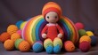 Handmade crochet baby doll with colorful yarn balls.