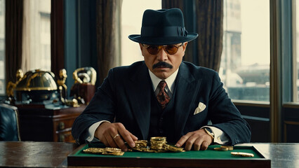 A man in a suit and hat sits at a table with a pile of gold coins