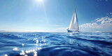 Fototapeta Przestrzenne - A sailboat on the open sea with a clear blue sky and sunlight in the background. white boat on blue sea