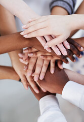 Aufkleber - Teamwork, community and hands of diverse people above in circle for unity, corporate partnership and hope. Collaboration, support and equality of employees meeting for cooperation, growth and goals