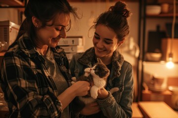 Wall Mural - two smiling young women sharing a moment with an adorable kitten at home