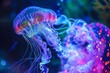 A vibrant close-up of a jellyfish's delicate features illuminated by neon light against deep blue water