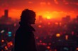 A silhouette of a person stands against a city skyline, their head bowed in contemplation, symbolizing the burden of overthinking in a busy world