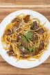 top view spaghetti with classic bolognese sauce at vertical composition