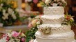 Wedding cake adorned with intricate designs and fresh flower. Marriage, close, blur, delicacy, sweetness, beauty, confectionery. Starting a life together concept. Generative by AI