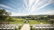 Wedding ceremony set against a backdrop of rolling hills and beautiful sky. Marriage, holiday, nature, fresh air, crown, engagement. Starting life together concept. Generative by AI