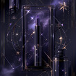 Exquisite Cosmetics Line Featuring Velvet Violet Lips and Stylish Blue Packaging Against a Celestial Background