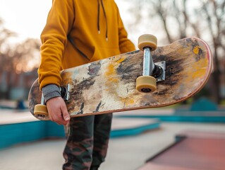 A person holding a skateboard with a yellow hoodie on. The skateboard is old and has a worn out look