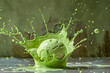 A suspended green ice cream ball caught in the act of levitation, leaving behind a visually stunning splash.