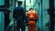 © ORG - A picture of the back of an Orange jumpsuit prisoner being handcuffed and being arrested, with a police officer standing next to him