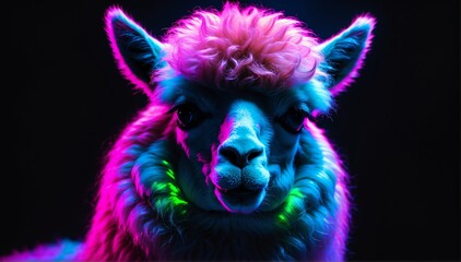  holographic glowing portrait of alpaca on black dark background from Generative AI