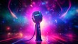 Microphone and neon lights, abstract glowing background, digital illustration.