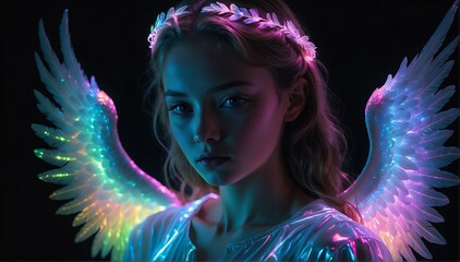 Wall Mural - holographic glowing portrait of angel on black dark background from Generative AI