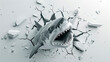 Frightening scary killer white shark breaking through the white wall.