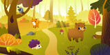 Fototapeta Kosmos - Cartoon autumn forest panorama with cute animals. Cute vector fall woodland landscape with baby animals.