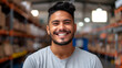 A latin man with a beard and a smile is standing in a warehouse. He is wearing a gray shirt and is smiling at the camera. handsome latin man smiling in a warehouse looking directly into the camera