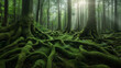 Mystical Foggy Forest with Lush Green Moss and Twisted Tree Roots 1