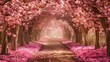 Beautiful romantic walking tunnel of pink flower trees in garden nature background. AI generated