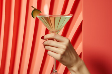 a glass with martini or cocktail in a woman's hand on red background