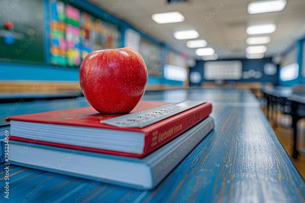 Book Stack With Ruler Apple an apple and ruler on a stack of books, classroom environment defocused ...