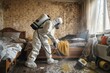 A figure in protective hazmat gear is deep cleaning a room that has been affected by disaster or contamination