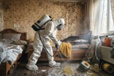 Fototapeta  - A figure in protective hazmat gear is deep cleaning a room that has been affected by disaster or contamination