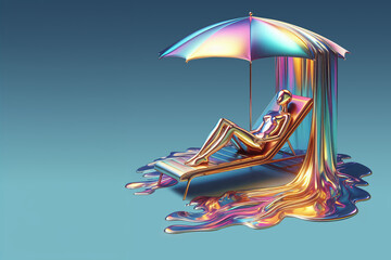 abstract liquid sculpture sunbathing on a sun lounger under an umbrella, bright psychotic gradient, surreal background