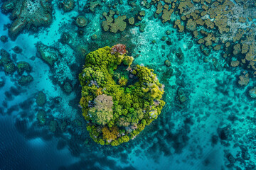Wall Mural - An aerial view of Heart Island surrounded by a vibrant coral reef, teeming with marine life.