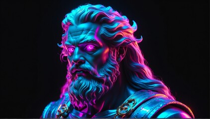 Wall Mural - holographic glowing portrait of zeus on black dark background from Generative AI