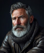 Portrait of a a Northern European male in his mid-50s, rugged and robust with a contemplative expression.