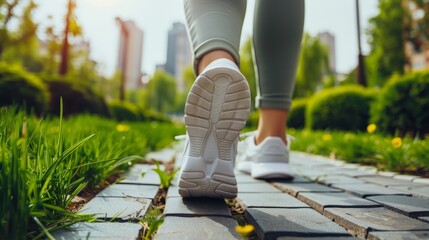 Wall Mural - Woman in sneakers strolling in city park on sunny summer day enjoying the sunshine