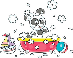 Wall Mural - Funny little puppy playing in a bubble bath and splashing with foam in a home bathroom with toys, vector cartoon illustration isolated on a white background