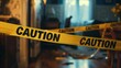 © ChaoticMind - Focus on stark yellow caution tape stretched across an indoor setting suggesting a crime scene or hazard area