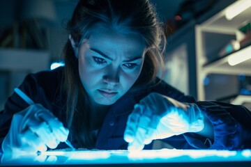 Aufkleber - An intensely focused woman examines something critically in a high-tech lab setting