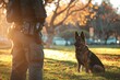 The loyal police dog sits attentively, companion to the uniformed officer, showcasing the bond and readiness between K9 and handler
