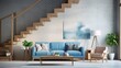 Interior of modern living room with wooden stairs and blue sofa 3D rendering