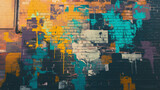 Fototapeta Desenie - Splashes of paint on a brick wall, with a mix of bold and subtle colors, creating an urban art vibe, the scene is set in an 